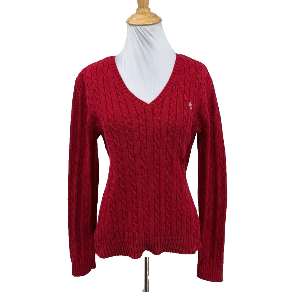 Lauren Ralph Lauren Sweater Womens L Large Cardinal Cable Knit V Neck Pullover